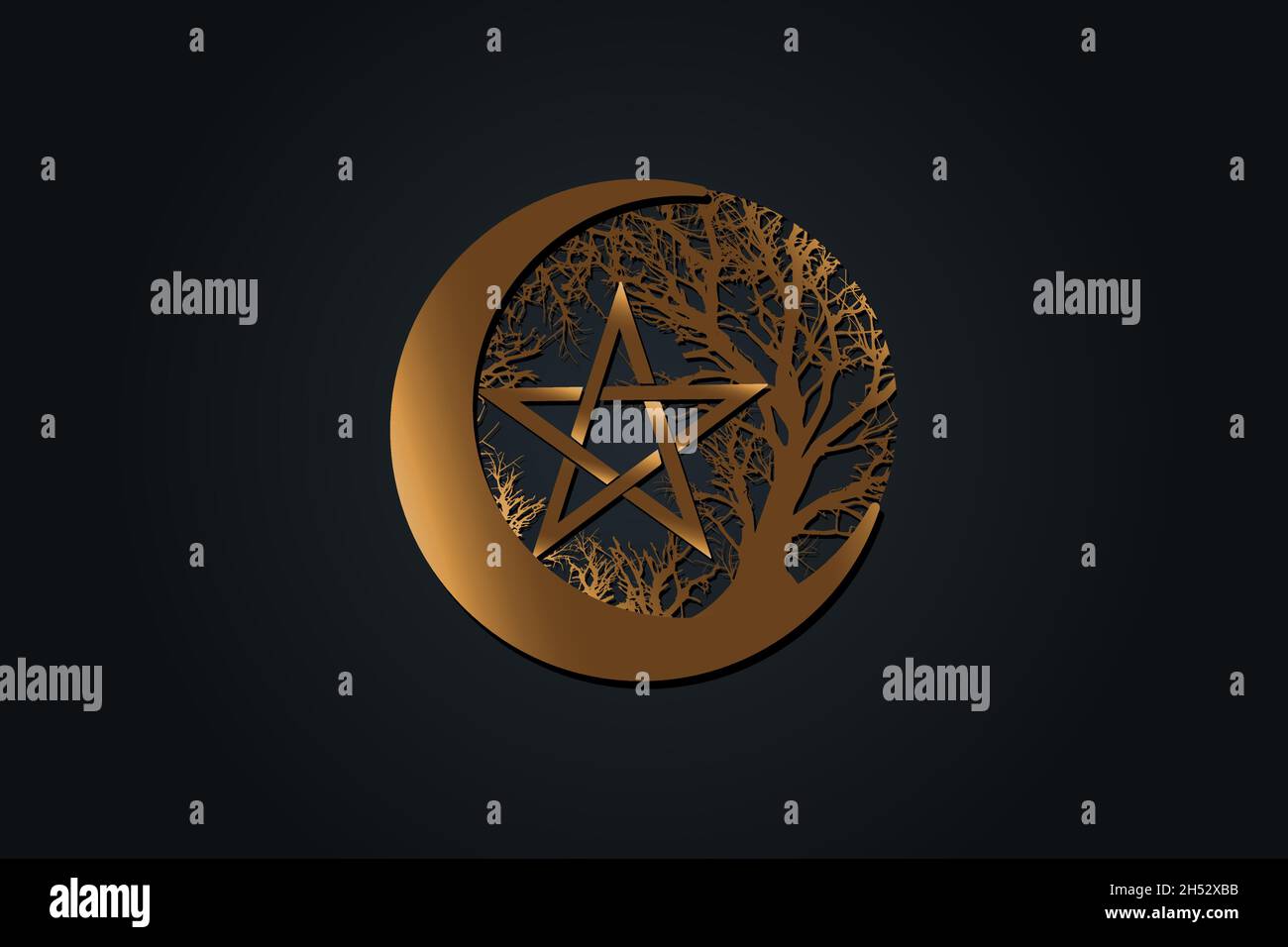 Mystical Moon, tree of life and Wicca pentacle. Sacred geometry. Gold