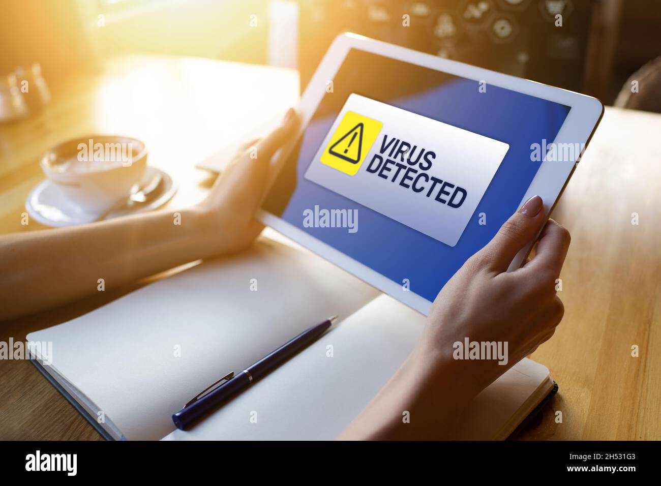Virus Detected warning message on screen. Cyber security breach. Data protection internet and technology concept. Stock Photo