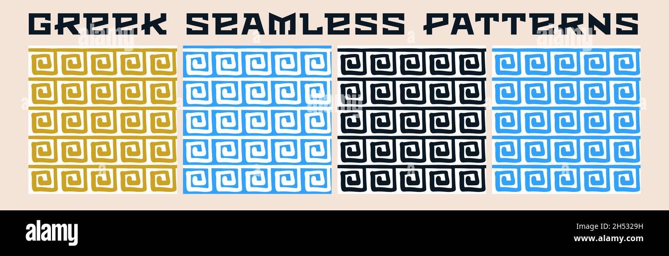 Vector set of Greek seamless pattern background. Blue, black, gold and ...