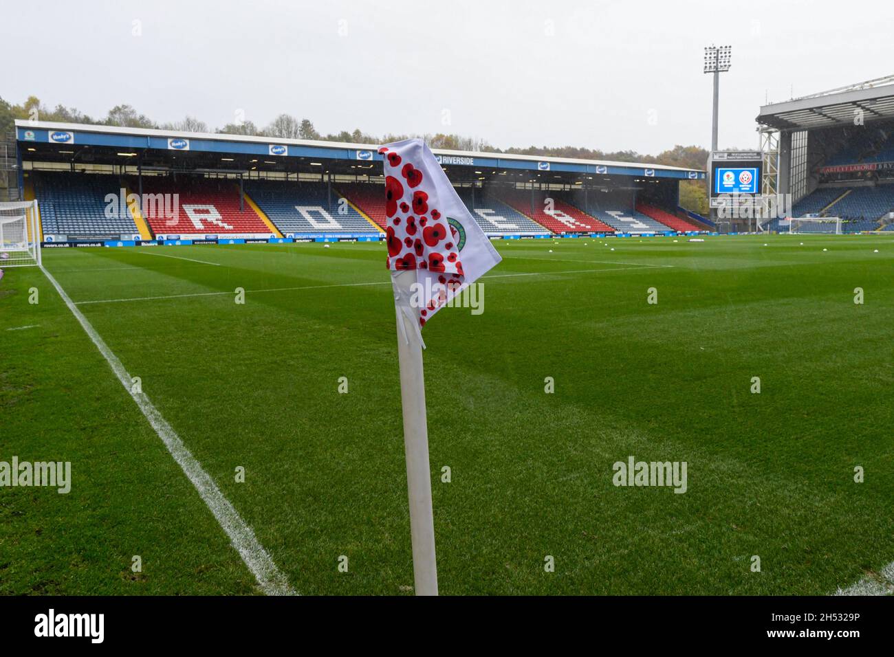 A specially commissioned corner flag at Blackburn Rovers with red