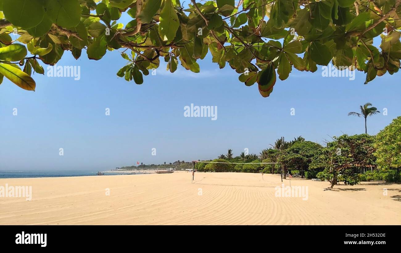 Tropical beach with a clean yellow sand and volley ball net trees on horizon and leaves on top of the picture Stock Photo