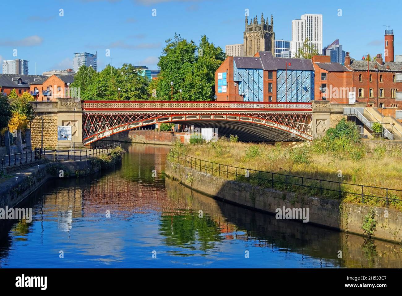 UK, West Yorkshire, Leeds, Crown Point Bridge over the River Aire, with Leeds Minster and Altus Building dominating the skyline. Stock Photo
