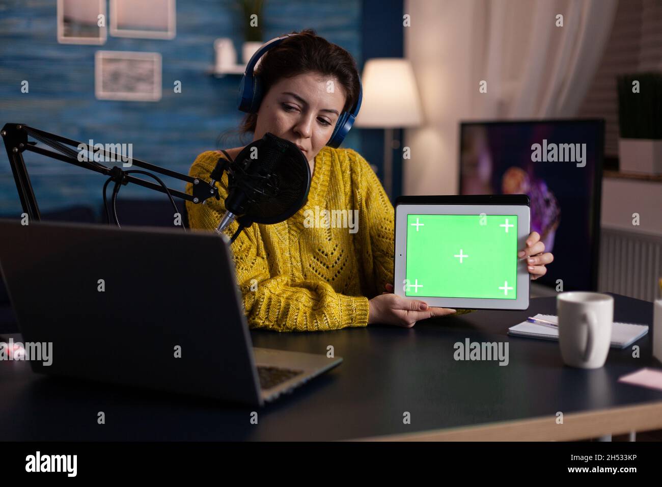 Krijger Persona Peer Social media influencer talking with fans into microphone showing mock up green  screen chroma key tablet with isolated display at camera during online  livestream. Vlogger recording on-air show Stock Photo - Alamy