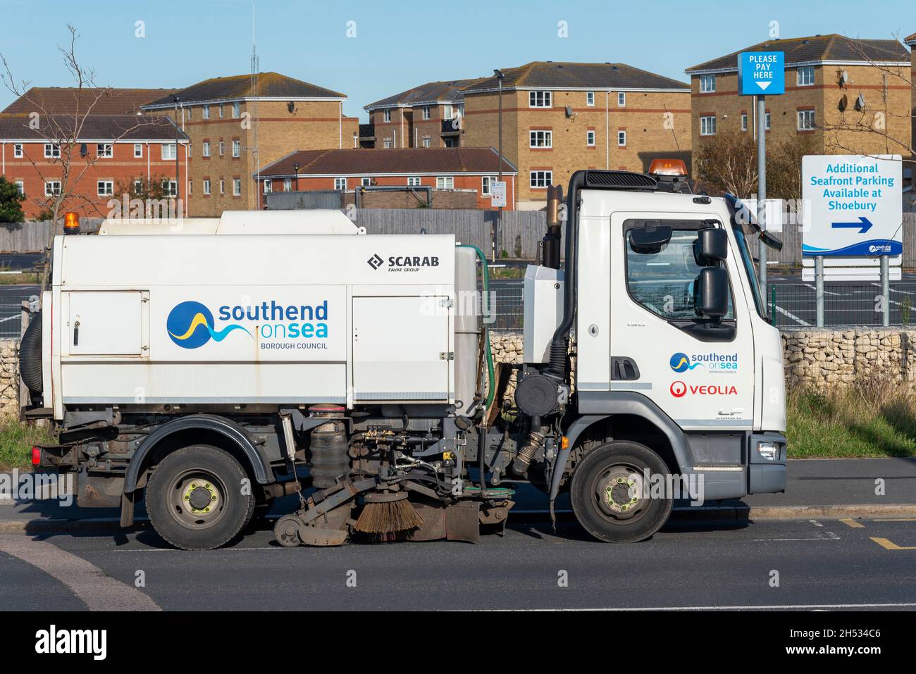 Scarab cleaning vehicle of Veolia under contract to Southend on Sea Borough Council, Essex, UK. Fayat Group, Scarab Sweepers Stock Photo