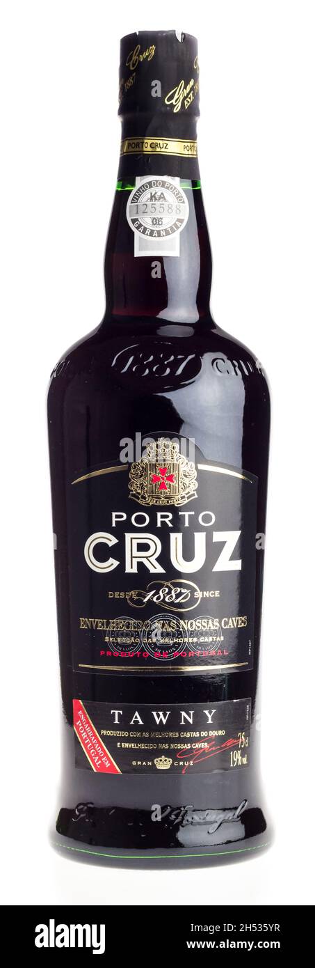 Bottle of Portugese Cruz Tawny Port Wine isolated on a white background Stock Photo