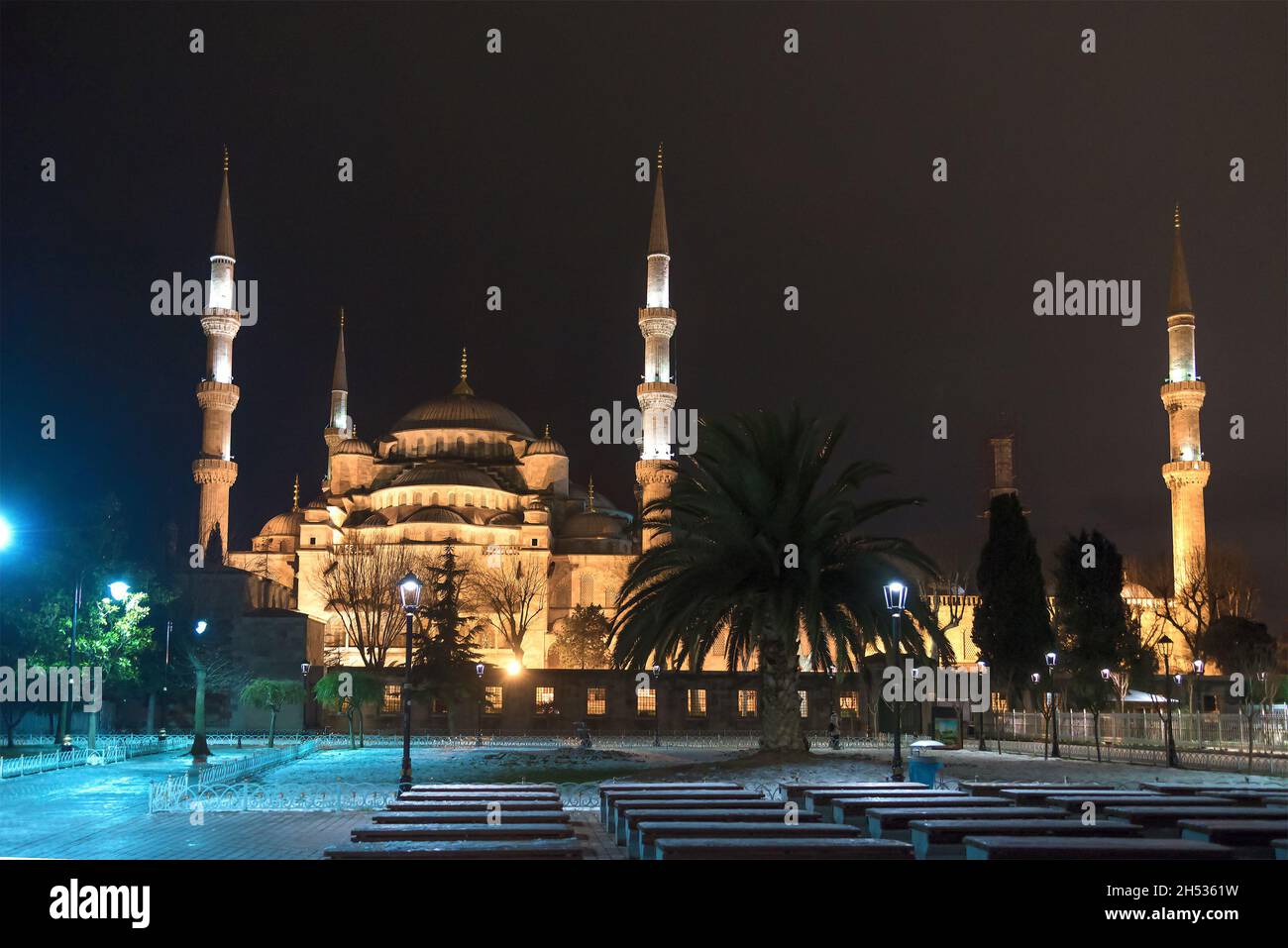 The ancient Blue Mosque on night accent lighting on a January night. Istanbul, Turkey Stock Photo