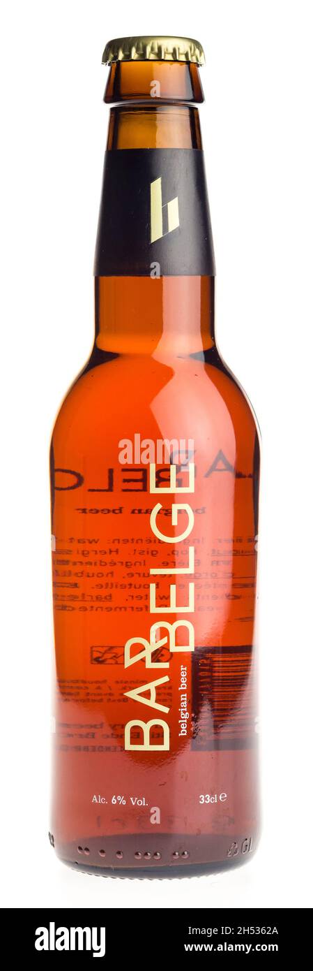 Bottle of Bar Belge amber beer isolated on a white background Stock Photo