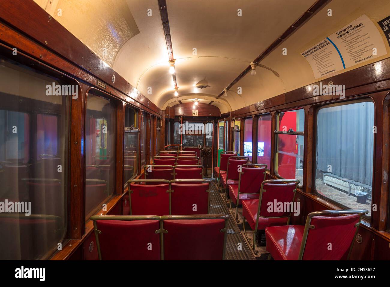 HELSINKI, FINLAND - SEPTEMBER 16, 2017: Interior of the old tram. Tram Museum Stock Photo