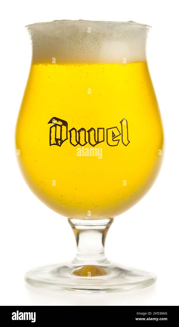 Glass of Belgian Duvel 666 Blonde beer isolated on a white background ...