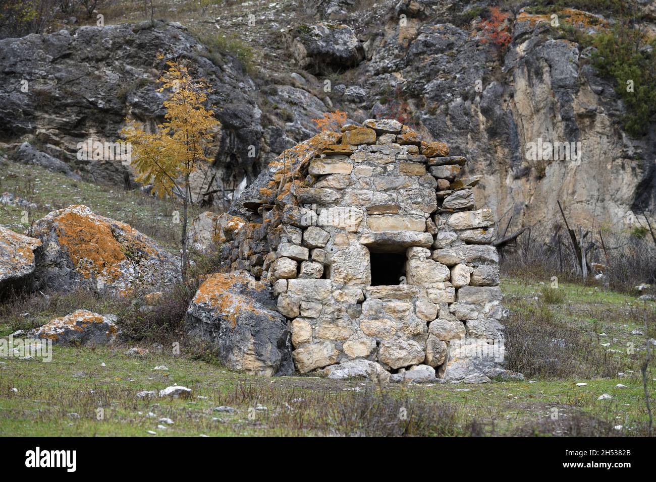 The ancient Ossetian grave crypt is close-up. Dzivgis, North Ossetia-Alania. Russian Federation Stock Photo