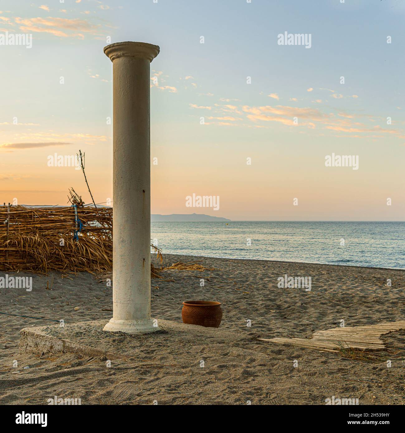 a solitary column standing by the beach in the island of Crete, Platanias, Crete, Greece, October 11, 2021 Stock Photo