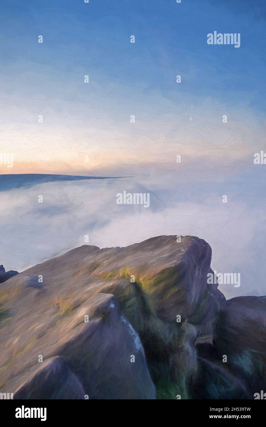 Digital oil painting of a temperature inversion at The Roaches at