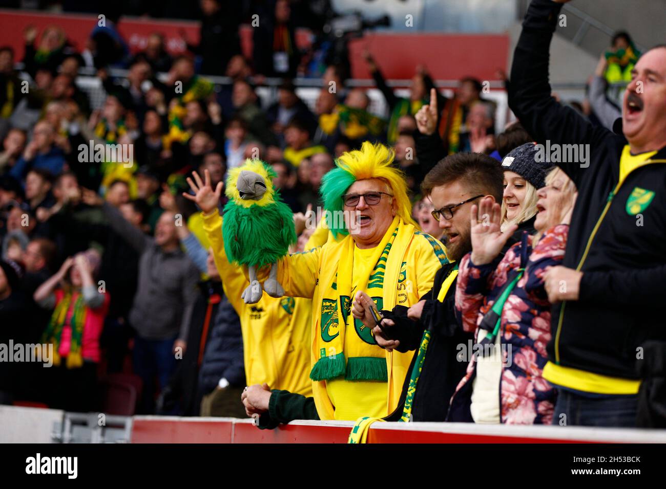 London, UK. 06th Nov, 2021. Norwich fans celebrate the second goal of