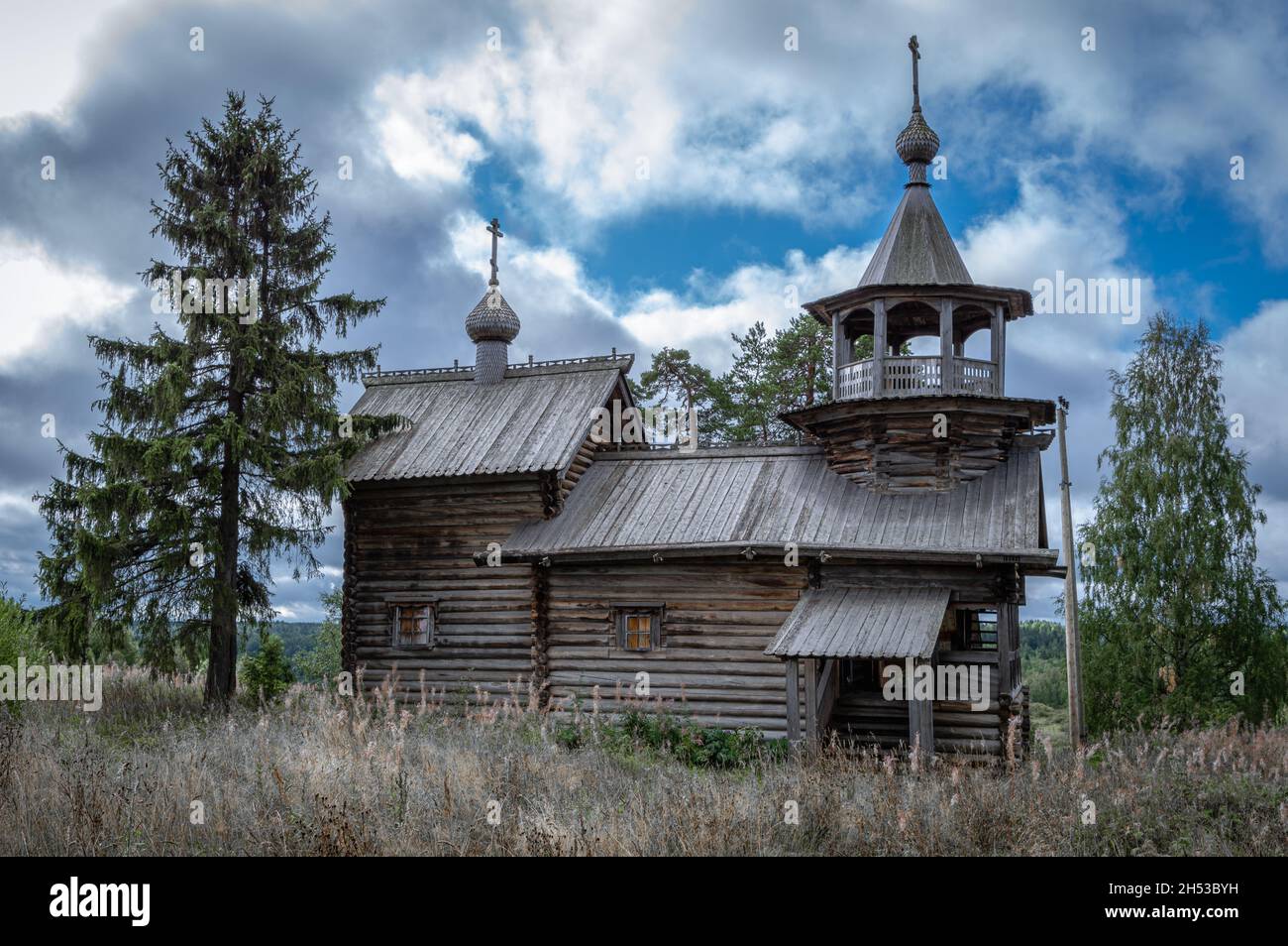 Ancient wooden chapel of the Virgin Mary in Man′gu village. Karelia, Russia. Stock Photo