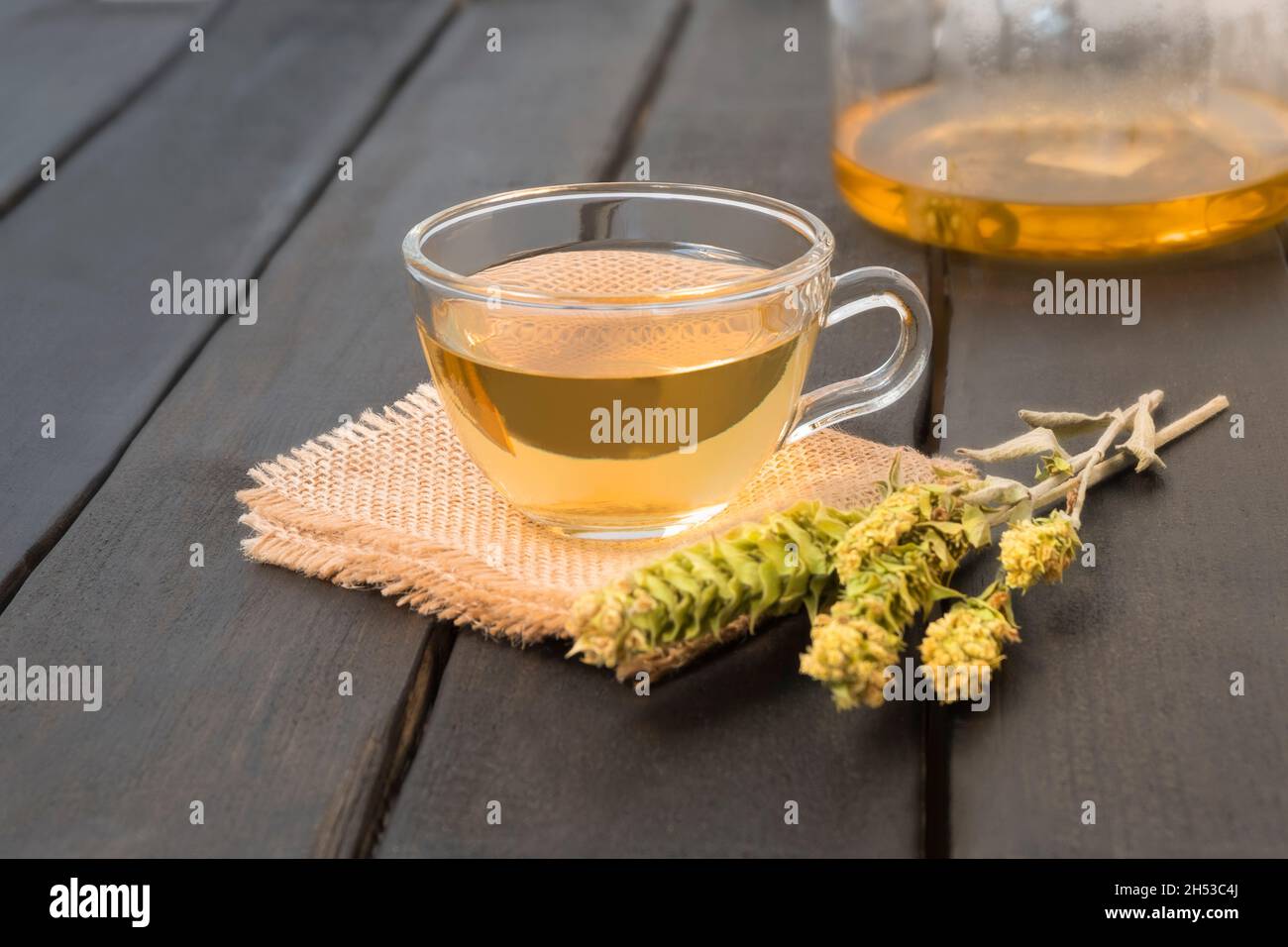 Bulgarian Mountain Tea Mursalski Tea in a glass cup on dark wooden table with dried leaves and flowers Stock Photo