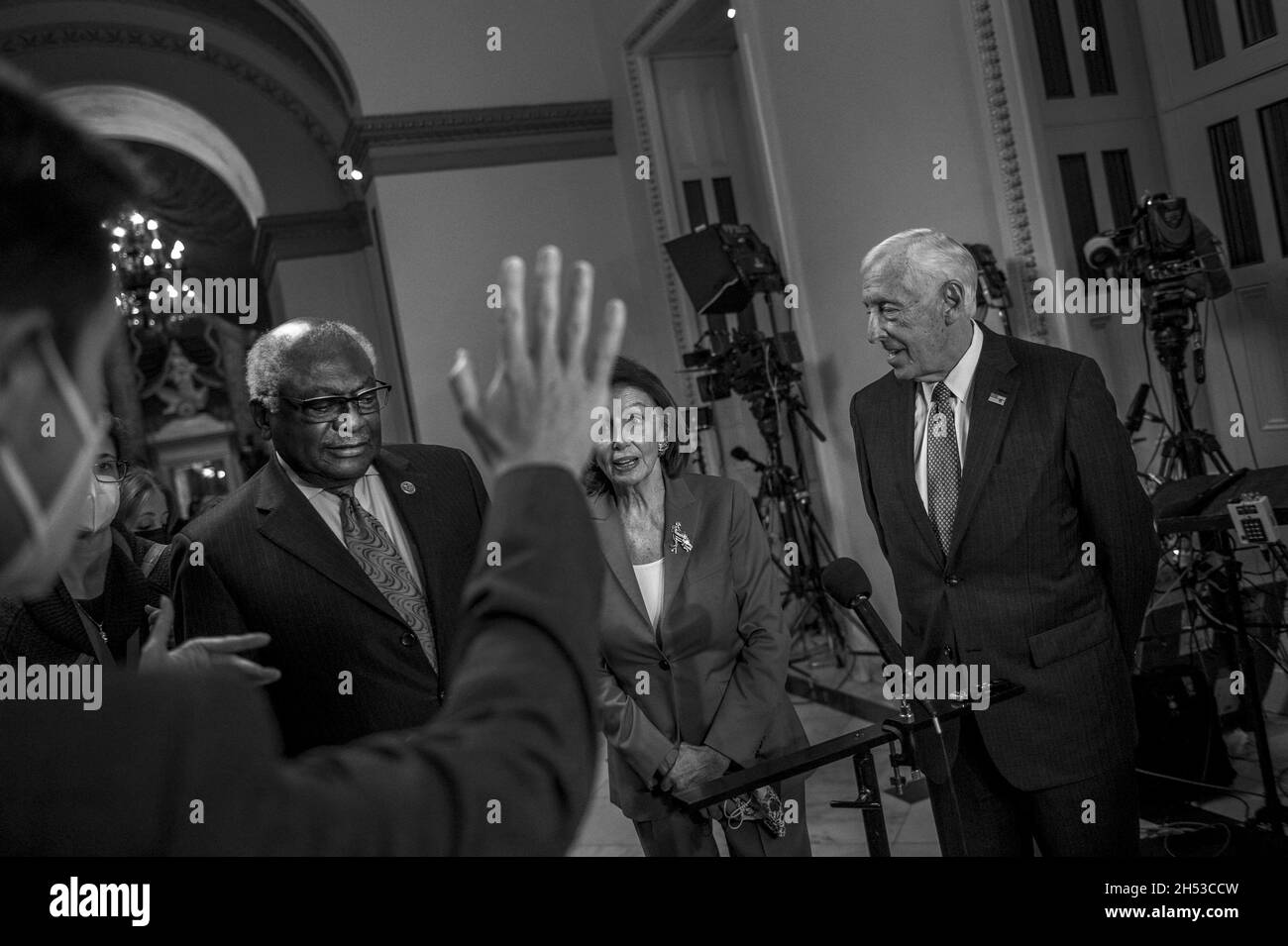 Speaker of the United States House of Representatives Nancy Pelosi (Democrat of California), center, is joined by United States House Majority Whip James Clyburn (Democrat of South Carolina), left, and United States House Majority Leader Steny Hoyer (Democrat of Maryland), right, to offer remarks to reporters as the House of Representatives prepares to vote on the Build Back Better and bipartisan Infrastructure bills at the US Capitol in Washington, DC, USA, on Friday, November 5, 2021. Photo by Rod Lamkey / CNP Photo/ABACAPRESS.COM Stock Photo