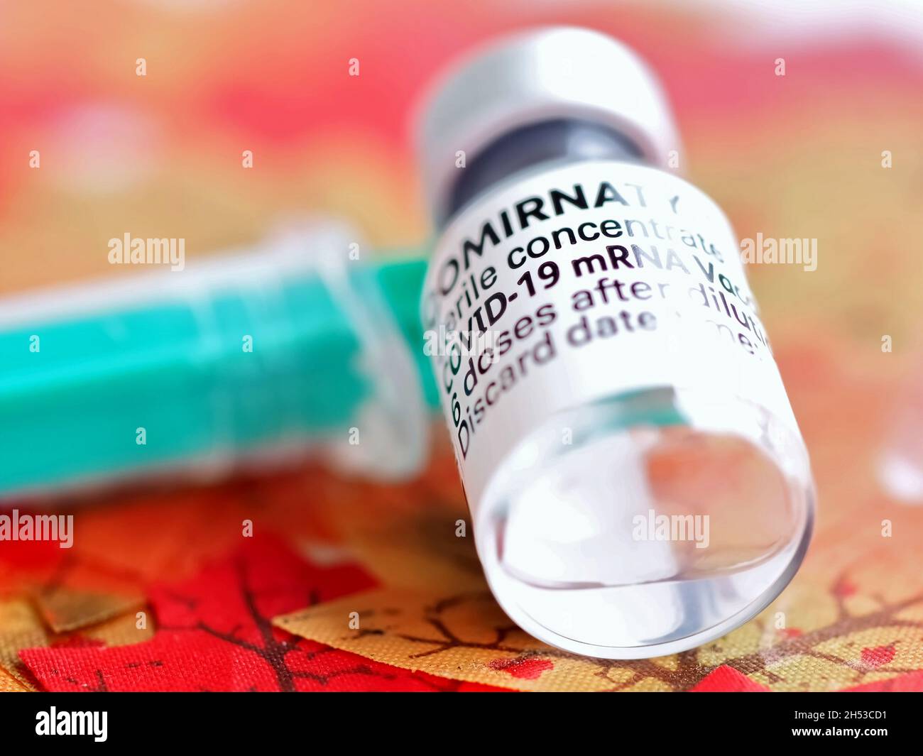 Comirrnaty Biontech Pfizer vaccination ampoule with a syringe against covid-19 or Corona virus on red leafs Stock Photo