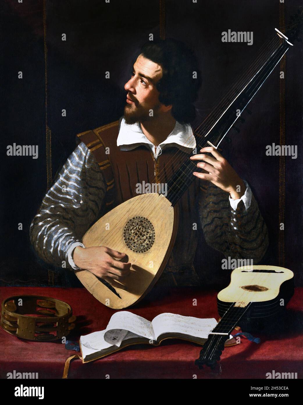 The Theorbo Player (1611) by Antiveduto, Grammatica Italy, 1571 – 1626 was a proto-Baroque Italian painter,Italy, Italian, Stock Photo