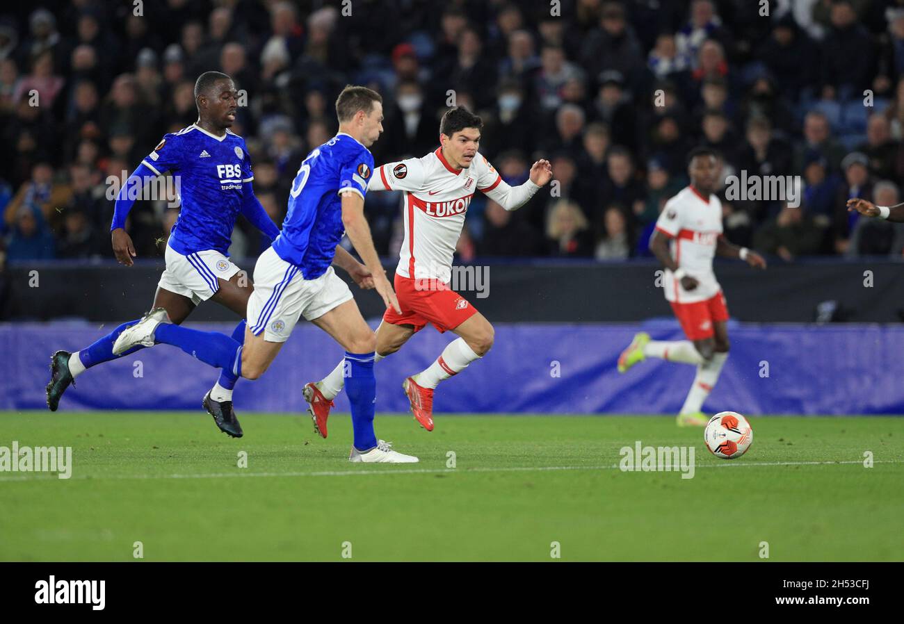 MOSCOW, RUSSIA, OCTOBER 20, 2021. The 2021/22 UEFA Europa League. Football  match between Spartak (Moscow) vs Leicester City (Leicester, England) at  Otkritie Arena in Moscow. Leicester von 3:4.Photo by Stupnikov Alexander/FC  Spartak