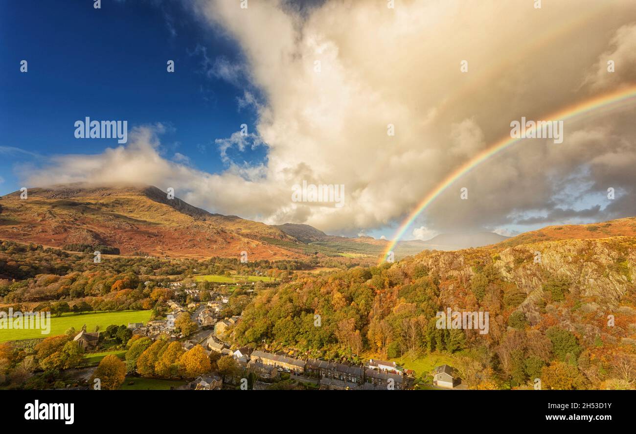 An autumnal view of the small welsh village of Beddgelert. Stock Photo