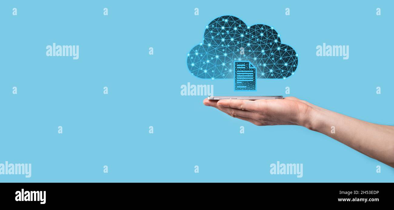Cloud technology. Polygonal wireframe cloud storage sign with document ...
