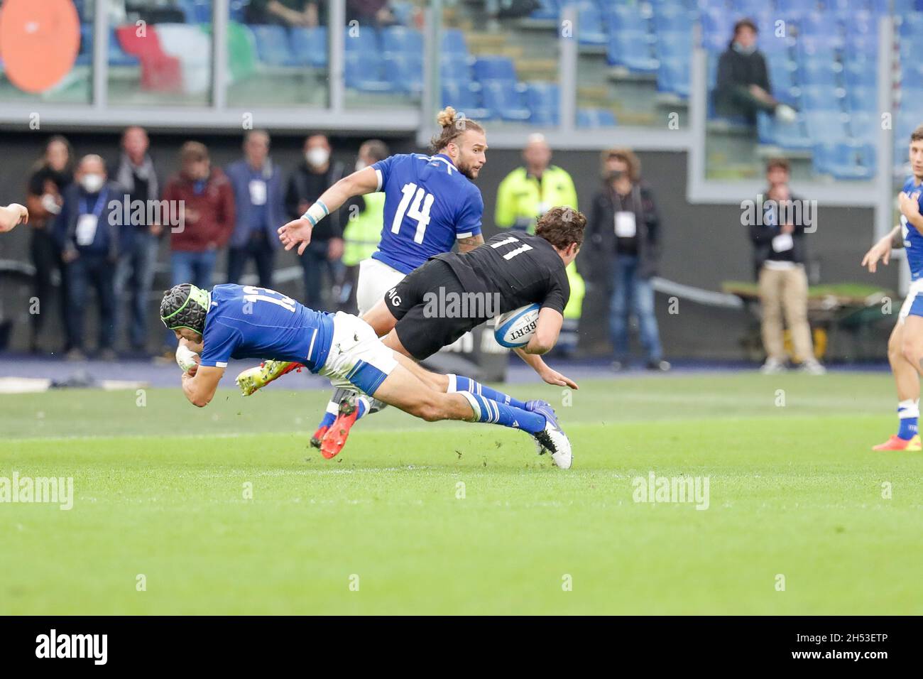 Rome, Italy. 06th Nov, 2021. Ignacio Brex (Italy) (L) Federico Mori (Italy) (C) George Bridge (New Zealand) (R) during Italy vs New Zeland, Autumn Nations Cup rugby match in Rome, Italy, November 06 2021 Credit: Independent Photo Agency/Alamy Live News Stock Photo