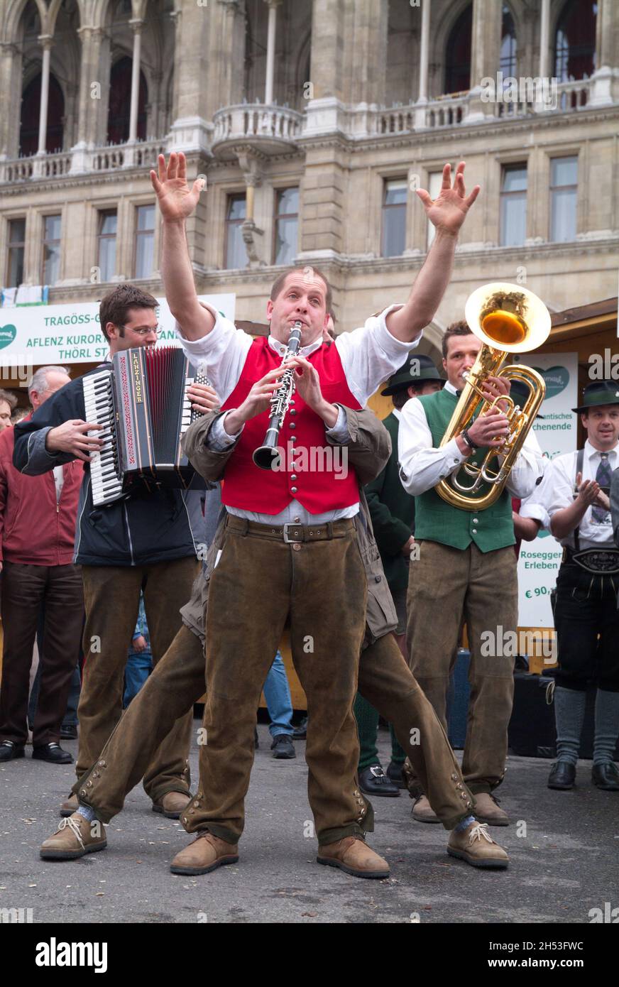 Vienna, Austria. April 12, 2008.  Styria village on Vienna City Hall Square. Folk music group with a show program Stock Photo