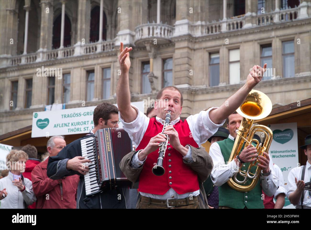 Vienna, Austria. April 12, 2008.  Styria village on Vienna City Hall Square. Folk music group with a show program Stock Photo