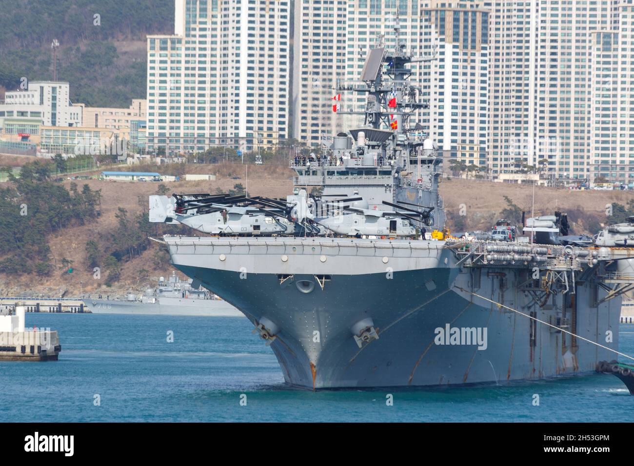 Busan, South Korea - March 7, 2016: American aerocarrier costs at a mooring. Stock Photo