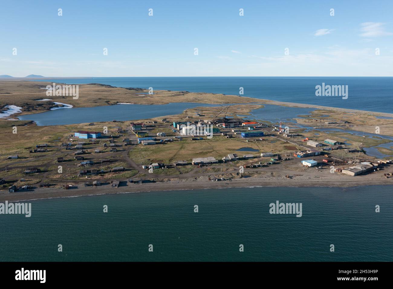 Konergino, Chukchi region, Russia - June 21, 2020: Sight at settlement from above. Stock Photo