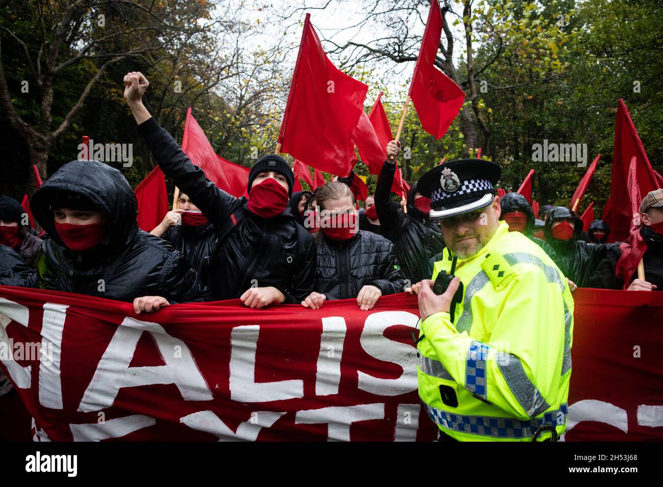 Glasgow, UK. 06th Nov, 2021. The Young Communist League await the start of the Global Day of Action.ÊThe protest sees movements mobilising against the world leaders attending the COP26 Climate summit. Credit: Andy Barton/Alamy Live News Stock Photo