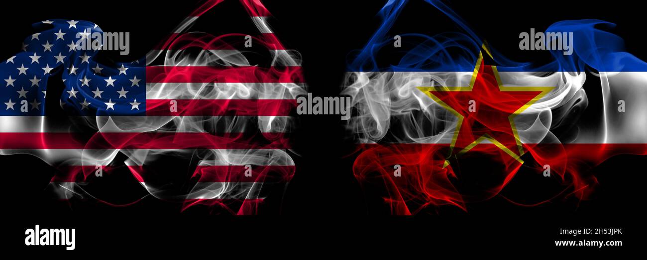 United States of America vs Yugoslavia, Yugoslavian smoke flags placed side by side Stock Photo