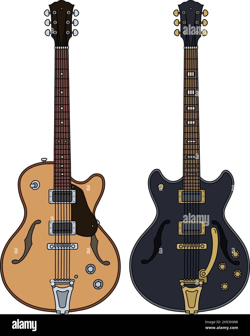 The vectorized hand drawing of two retro electric guitars Stock Vector