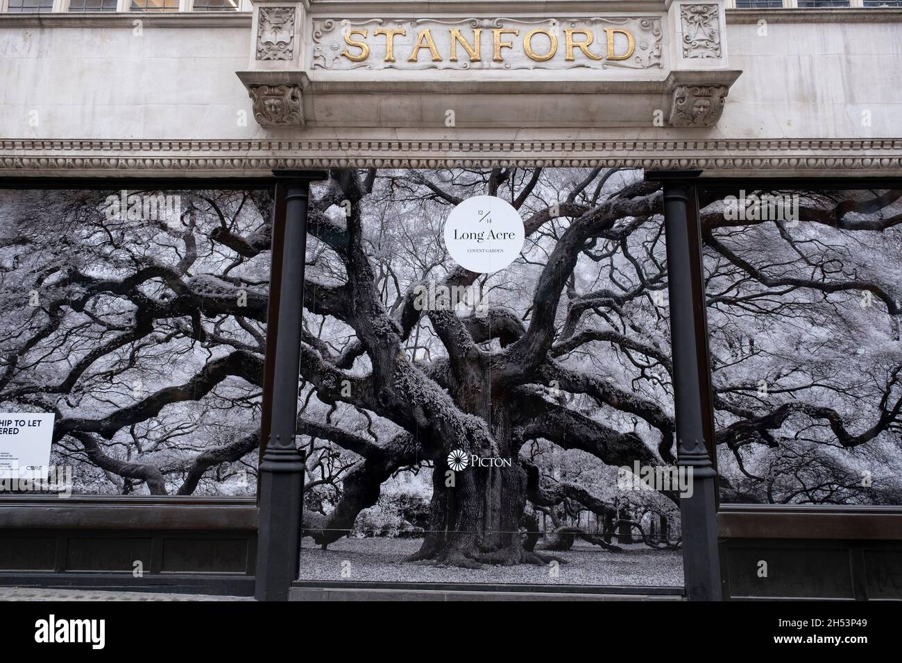 Tree photograph covers the old shop front to Stanfords map shop on 19th October 2021 in London, United Kingdom. Stanfords is a specialist bookshop of maps and travel books in London, established in 1853 by Edward Stanford. Its collection of maps, globes, and maritime charts is considered the worlds largest. In 2018 Stanfords opened a new location at 7 Mercer Walk in Covent Garden. Stock Photo