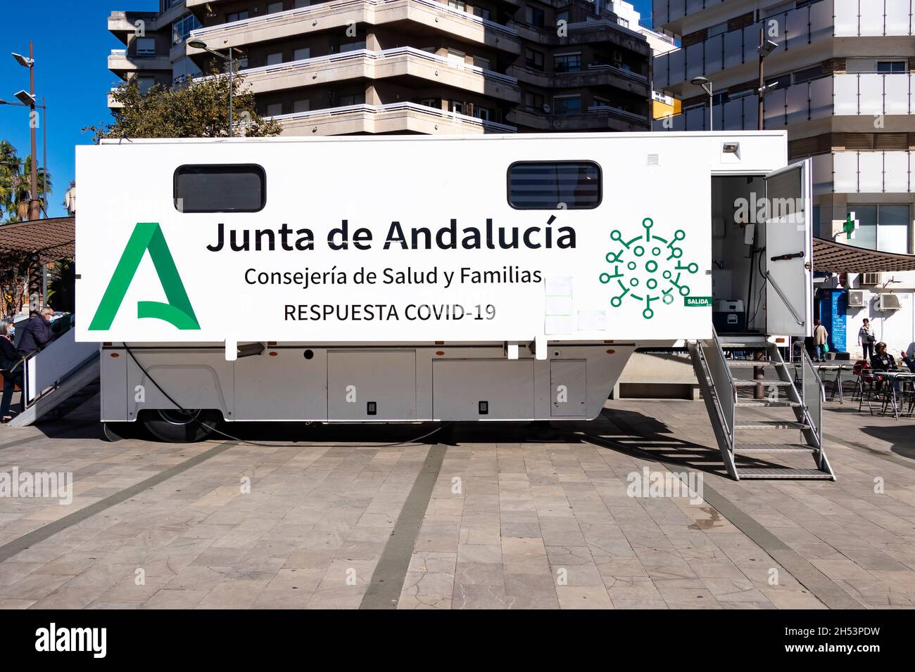Huelva, Spain - November 5, 2021: Mobile vaccination post against Covid-19 coronavirus and flu vaccine Stock Photo