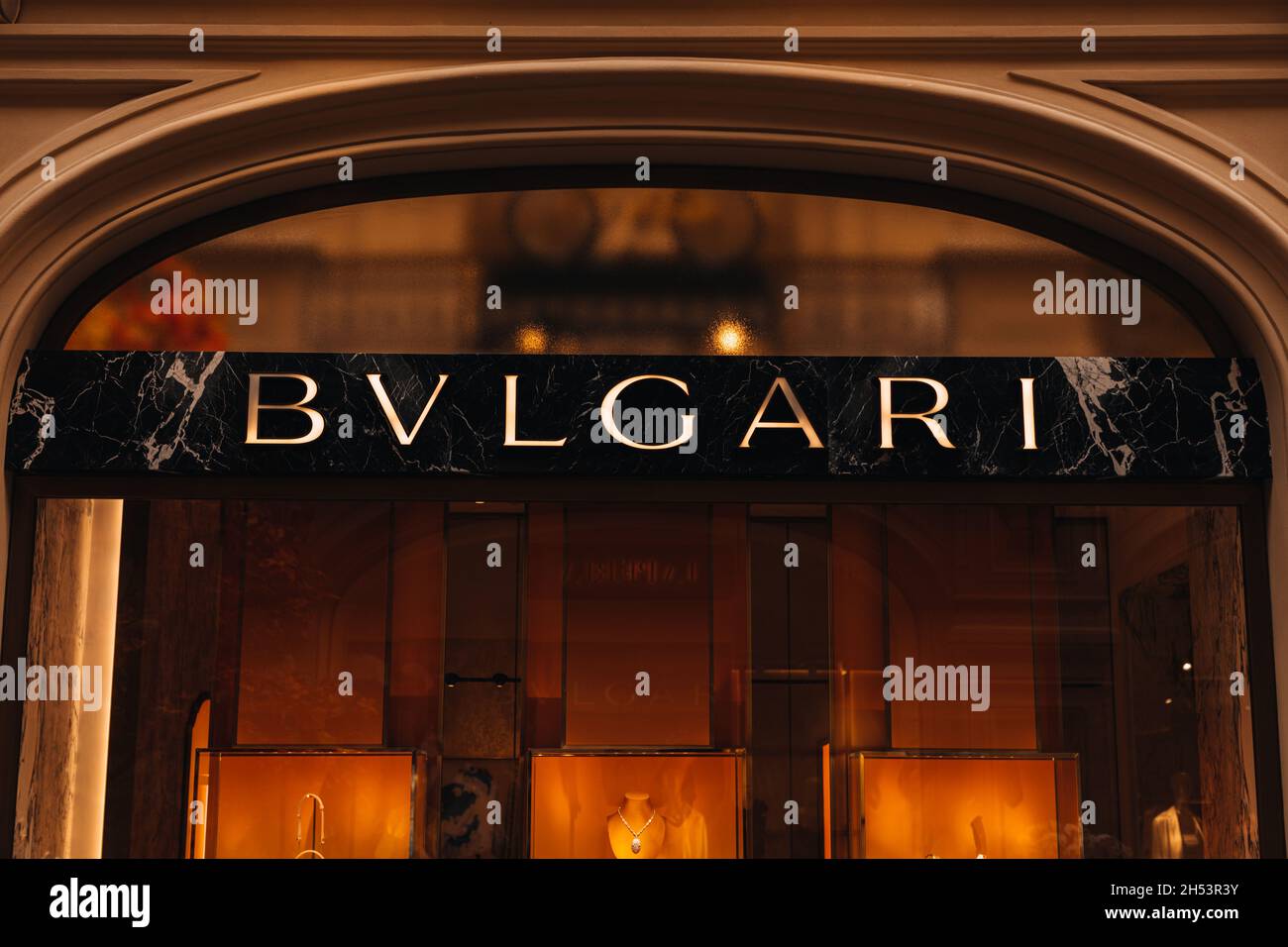 MOSCOW, RUSSIA - SEPTEMBER 23, 2021: Bulgari retail shop logo singboard on the storefront in the shopping mall. Bulgari is an italian luxury brand kno Stock Photo