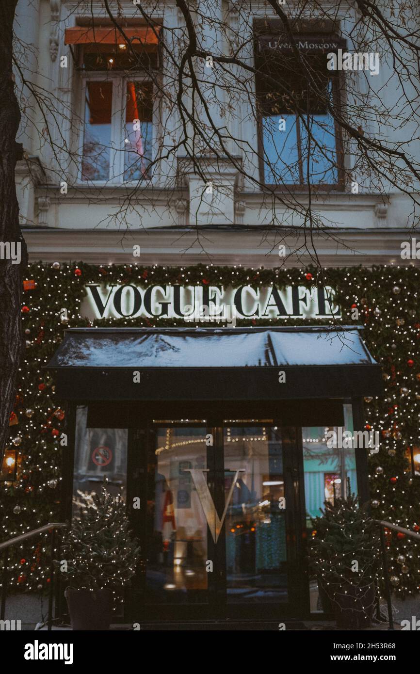 Festive facade of Vogue Cafe on Kusnetsky most street. Christmas decoration. Winter time Stock Photo