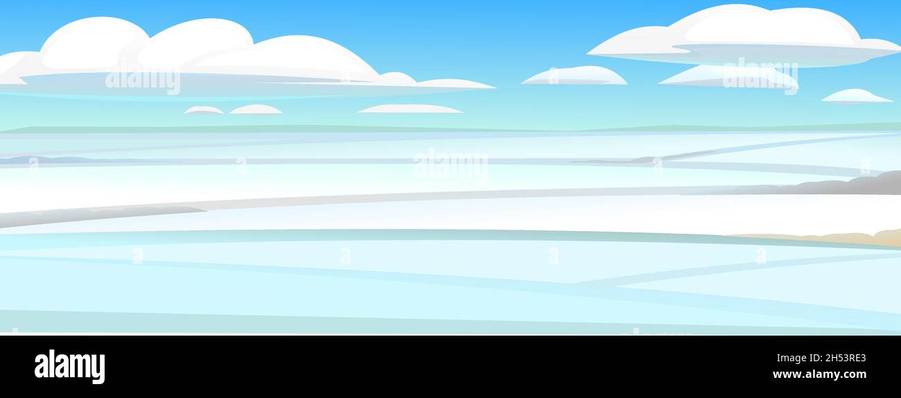 Rural distant horizon. Winter rural landscape with cold white snow and drifts. Beautiful frosty view of countryside hilly plain. Flat design cartoon Stock Vector