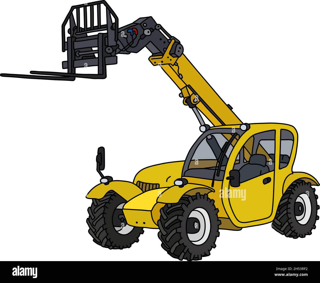 The vectorized hand drawing of a yellow large forklift stacker Stock Vector