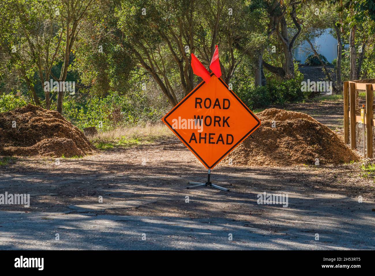 Road work ahead sign in a pastoral setting in Santa Barbara County ...