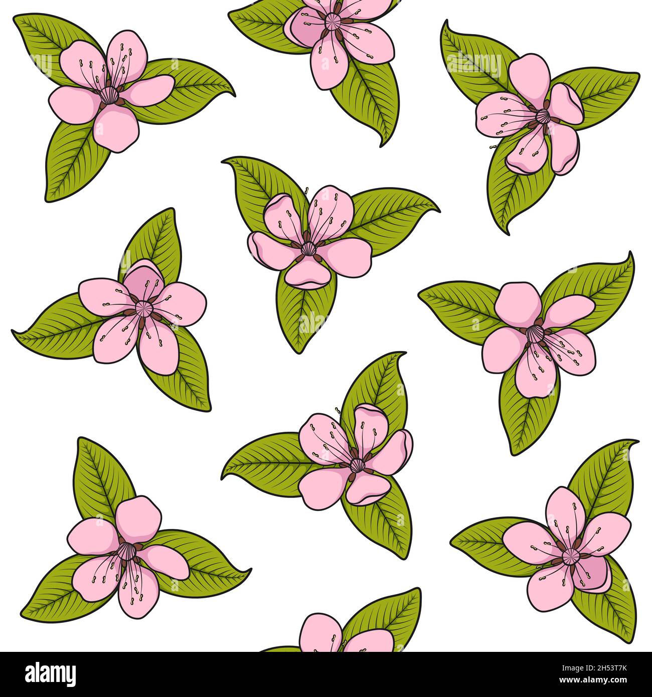Seamless pattern with pink spring flowers. Color vector illustration with isolated objects on a white background. Stock Vector