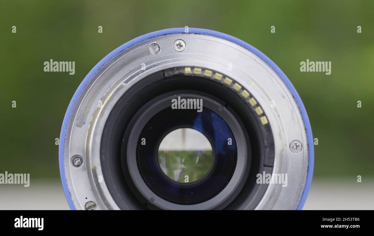 Closeup vintage professional camera lens. Action. Technical features