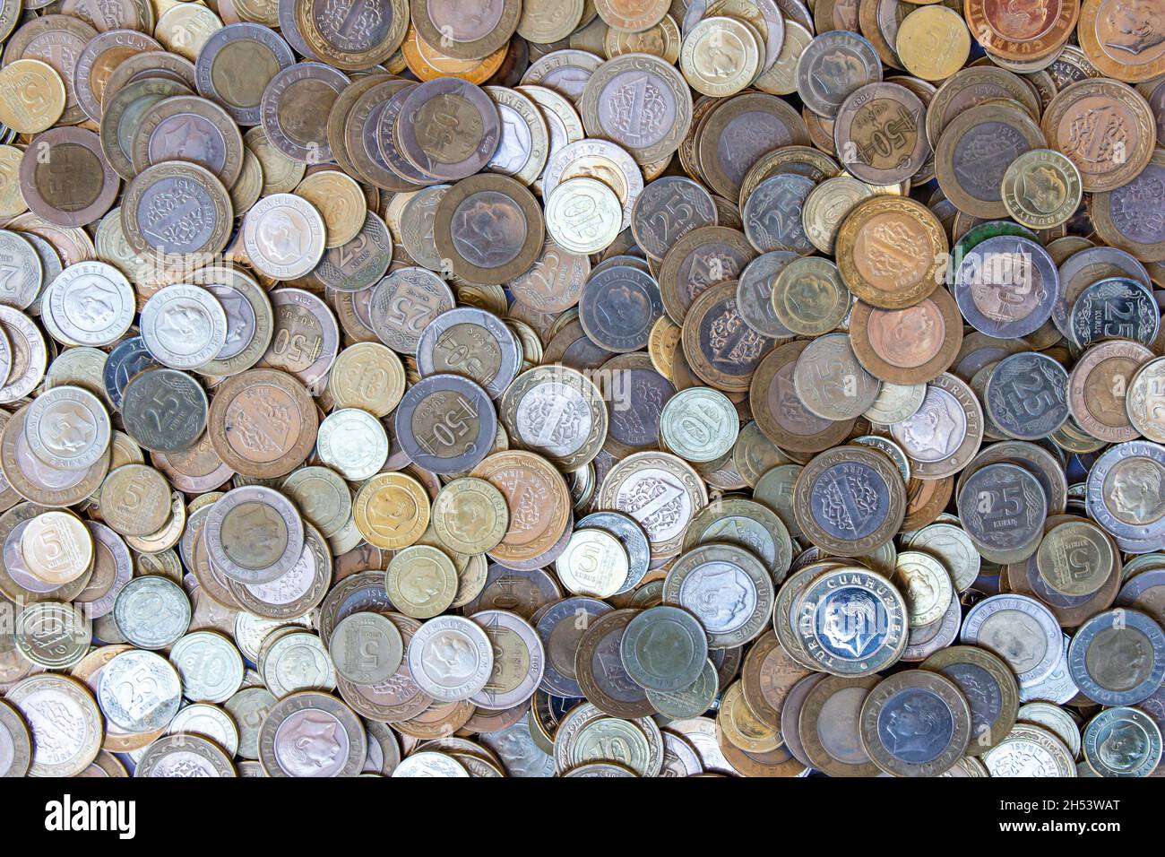 Turkish lira coins, top view of many Turkish lira coins. Turkey currency background photo. Stock Photo