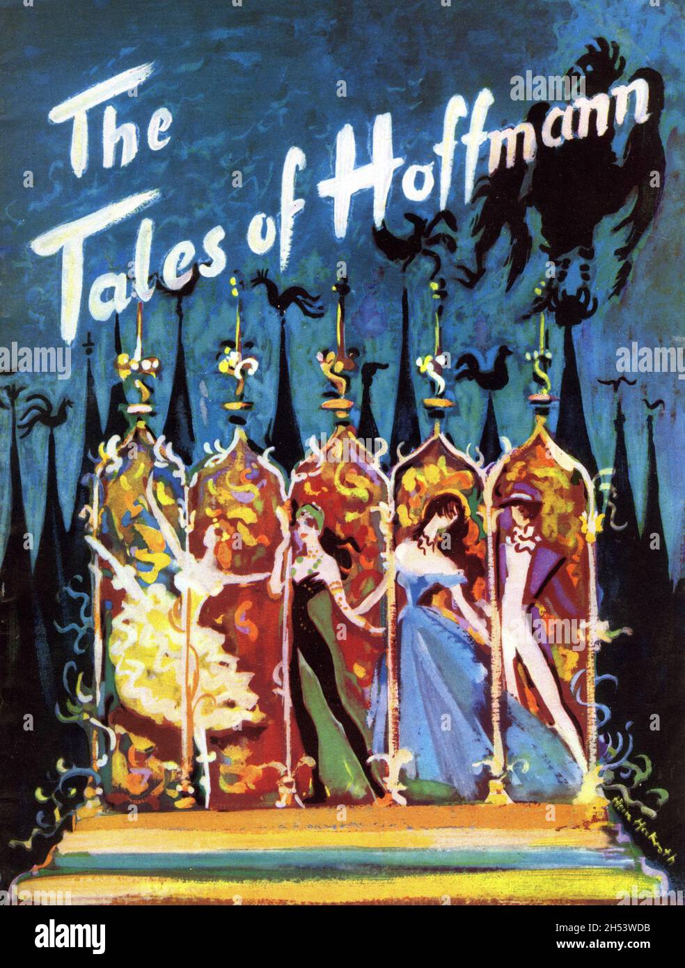 Front Cover of British Brochure with Artwork by HEIN HECKROTH for THE TALES OF HOFFMANN 1951 directed written and produced by MICHAEL POWELL and EMERIC PRESSBURGER music by Jacques Offenbach English libretto Dennis Arundell conductor Sir Thomas Beecham production design Hein Heckroth costume design Ivy Baker and Hein Heckroth choreographer Frederick Ashton The Archers / Vega Film Productions / British Lion Film Corporation Stock Photo