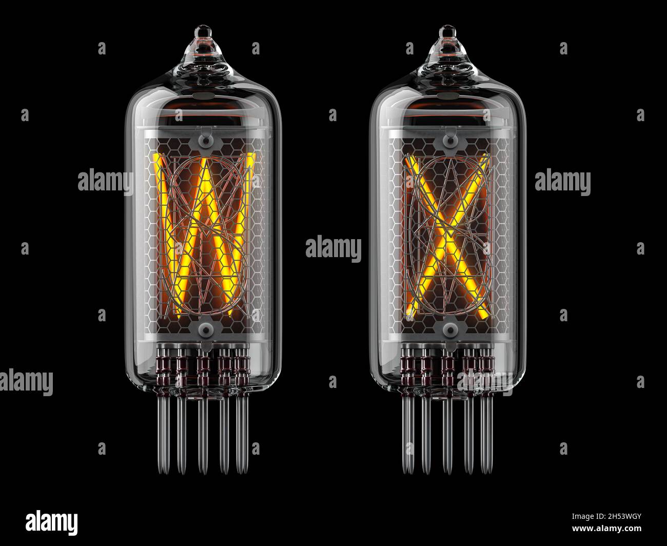 Nixie tube indicator. Letters w and x on black background. 3d illustration Stock Photo