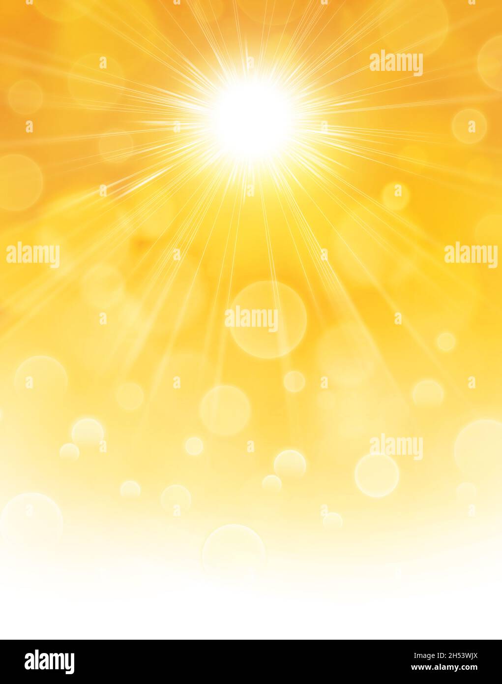 Sun rays shining on orange and yellow abstract background. Ambiance illustration of solar energy and heat waves in summer. Stock Photo