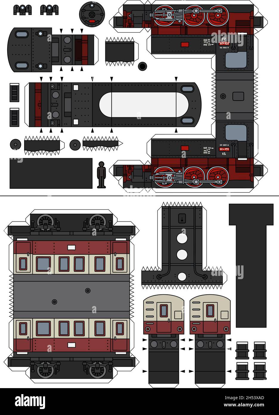 The paper model of a vintage steam locomotive with a passenger wagon ...
