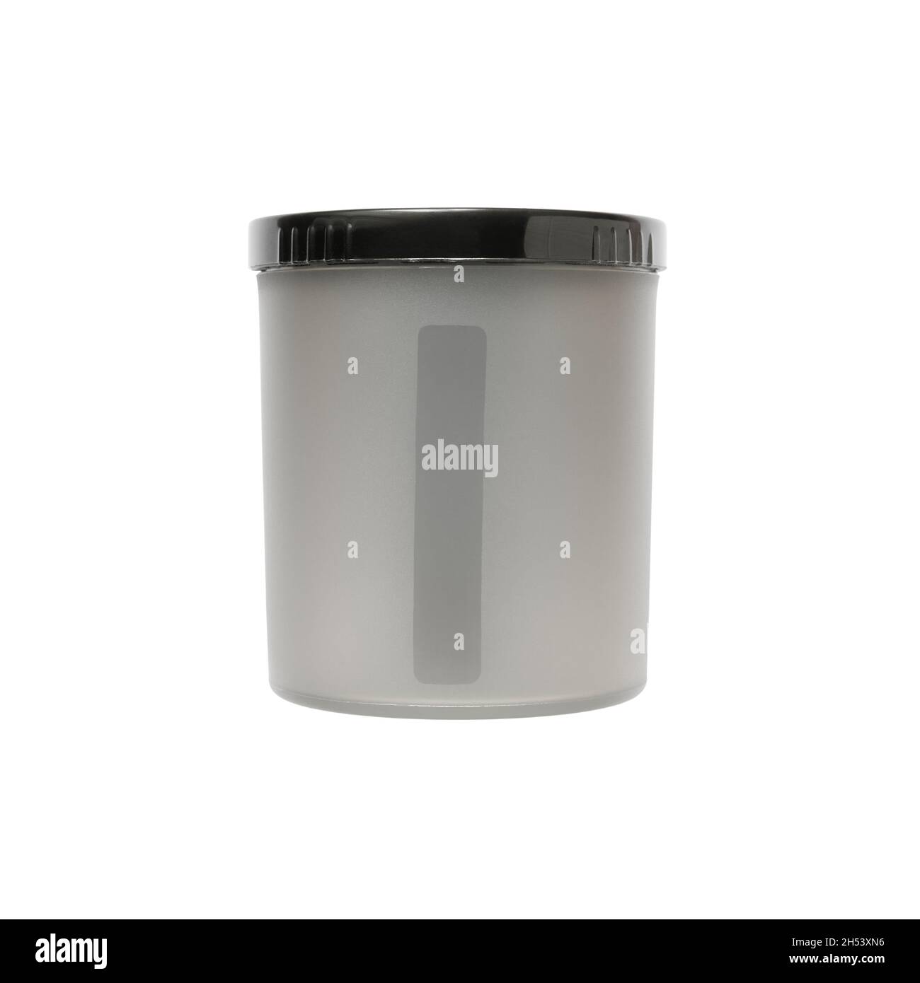 Gray plastic jar with screw lid for storing bulk food is insulated on a