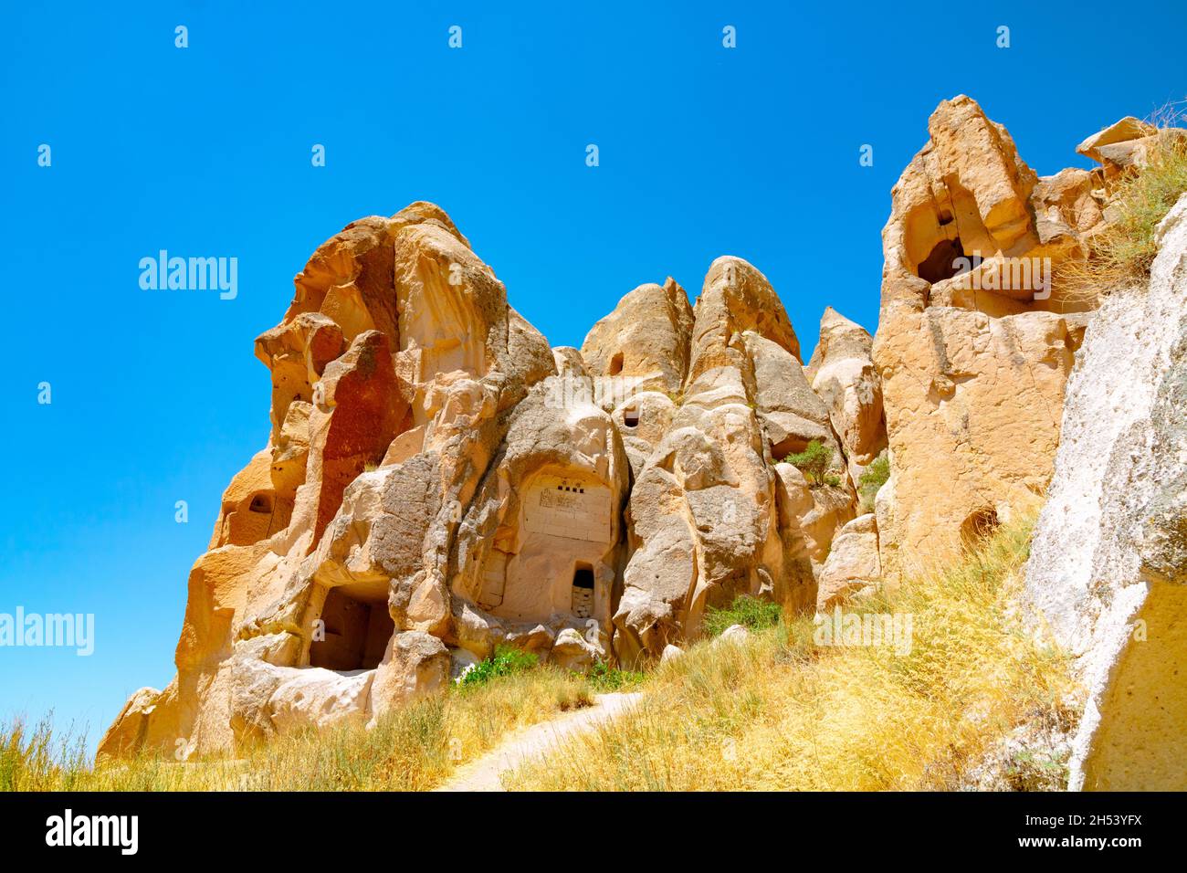 Fairy Chimneys around the Goreme town in Cappadocia Turkey. Peri bacalari  in Turkish. Cappadocia background photo Stock Photo - Alamy