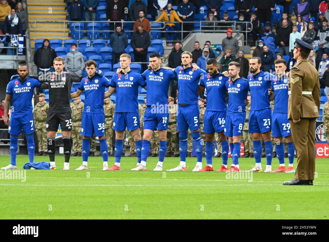 Cardiff, UK. 06th Nov, 2021. Cardiff City Players observe a minute